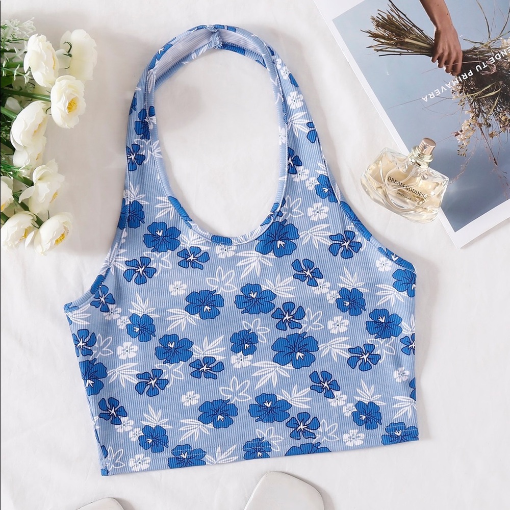 Floral print backless rib knit halter crop top